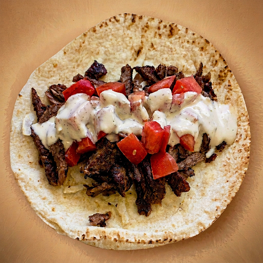 Shawarma pita sandwich with sliced beef