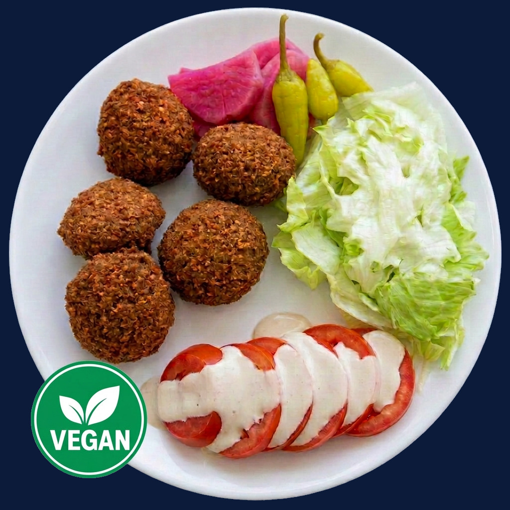 Falafel plate with hummus, salad and pickled turnips