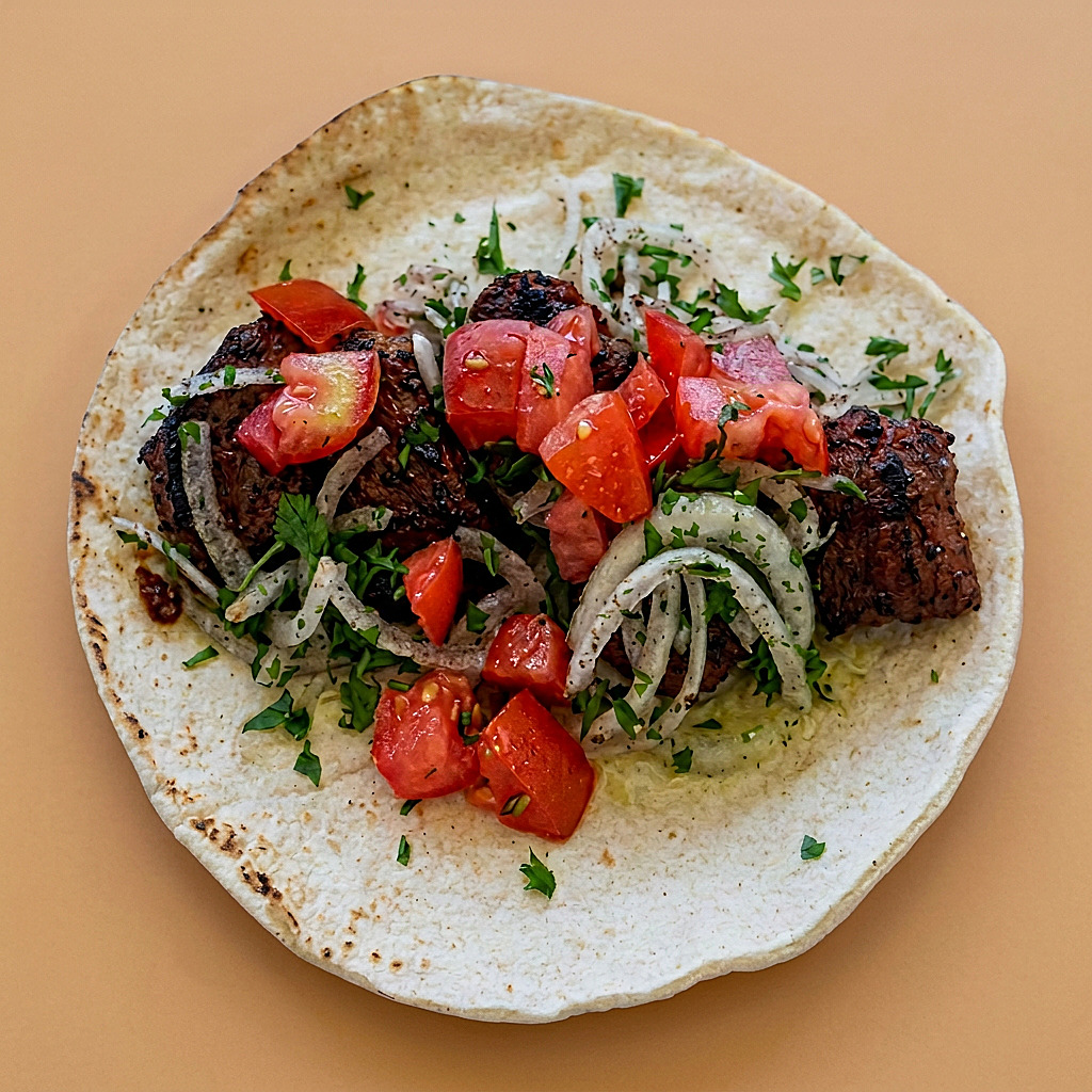 Shish kebab pita sandwich with grilled beef
