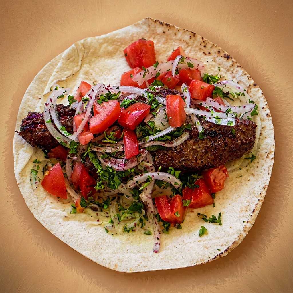 Lule kebab pita sandwich with tomato, onion and parsley
