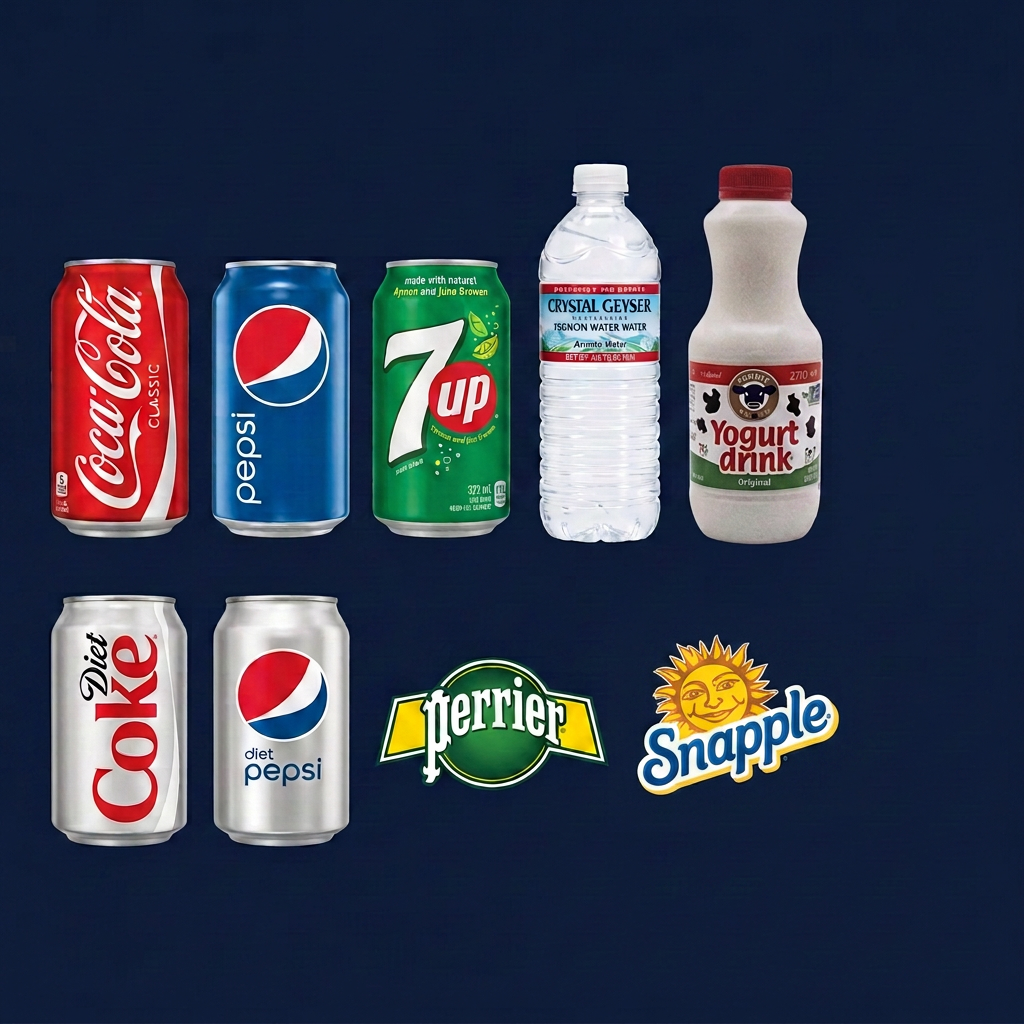 Selection of drinks including Tan, Perrier, Snapple, sodas and water