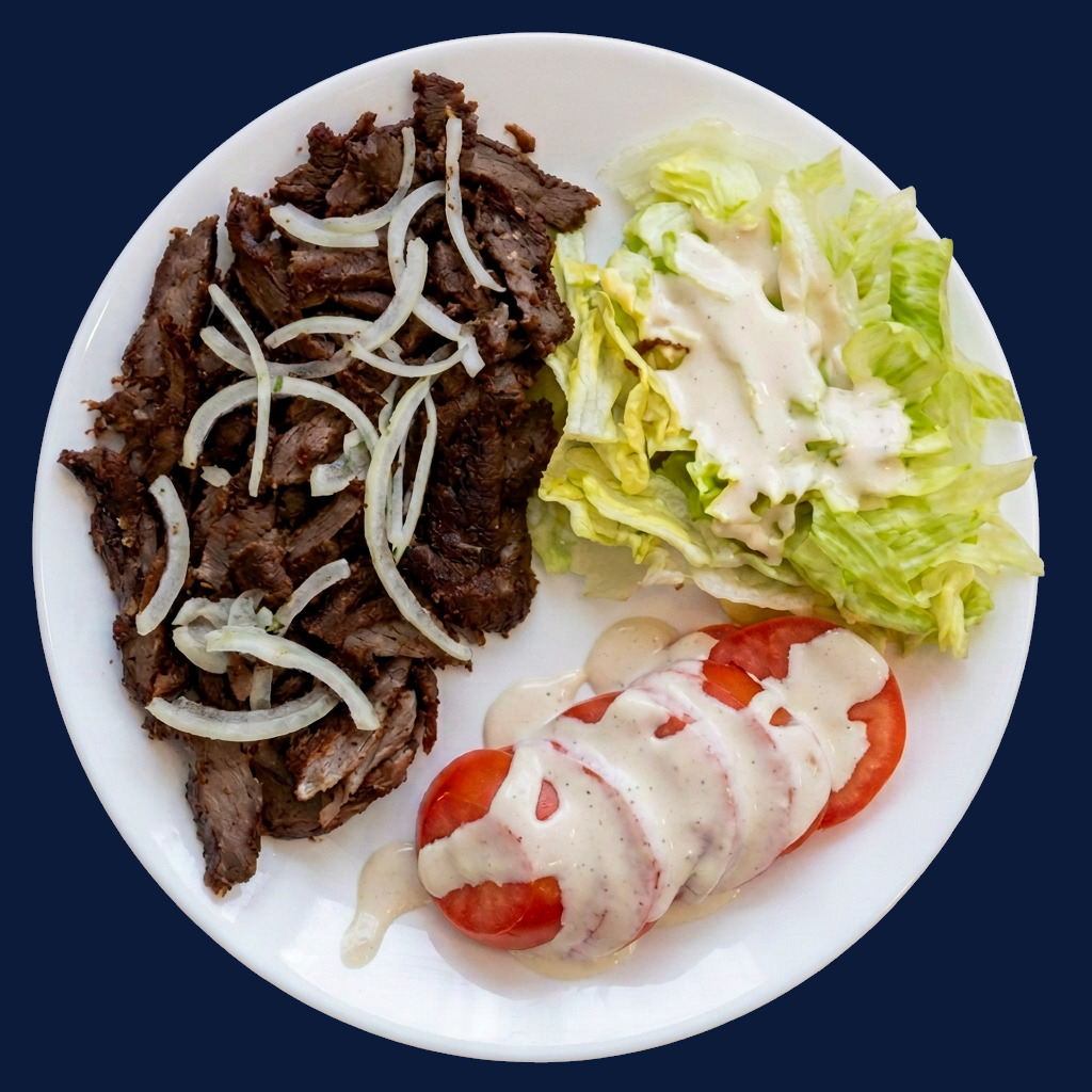 Shawarma plate with tahini, hummus and fresh vegetables